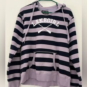 LakeGirl Womens Lavender Navy Striped Hooded Sweatshirt White Embroidery Medium